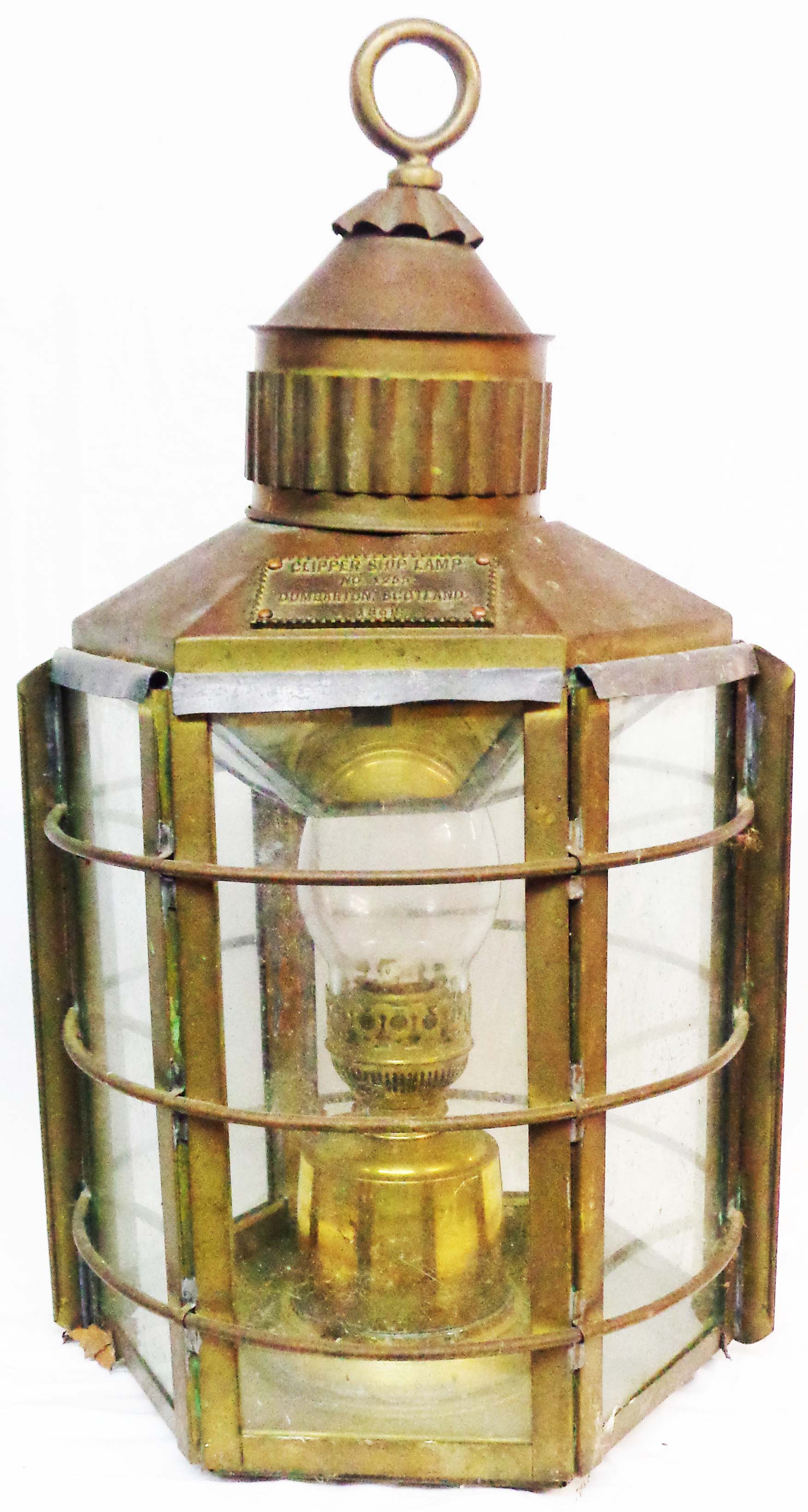 An antique Clipper Ship Lamp with maker's plaque to front No. 1255 Dumbarton, Scotland - dated 1869