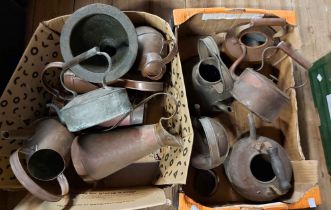 Two boxes of metalware including copper kettles, jugs, etc.