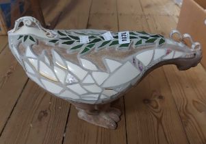 A stoneware figurine, depicting a stylised cockerel, with old ceramic shard mosaic decoration -