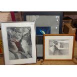 Two framed monochrome drawings, a mixed media bird picture and a modern print on chipboard