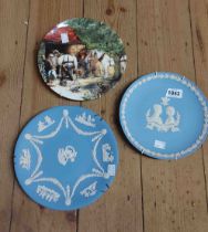 Two Wedgwood blue Jasperware plates and a collectors' plate