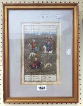 A gilt framed antique Mughal Indo-Persian watercolour, depicting horsemen hunting, with eight panels