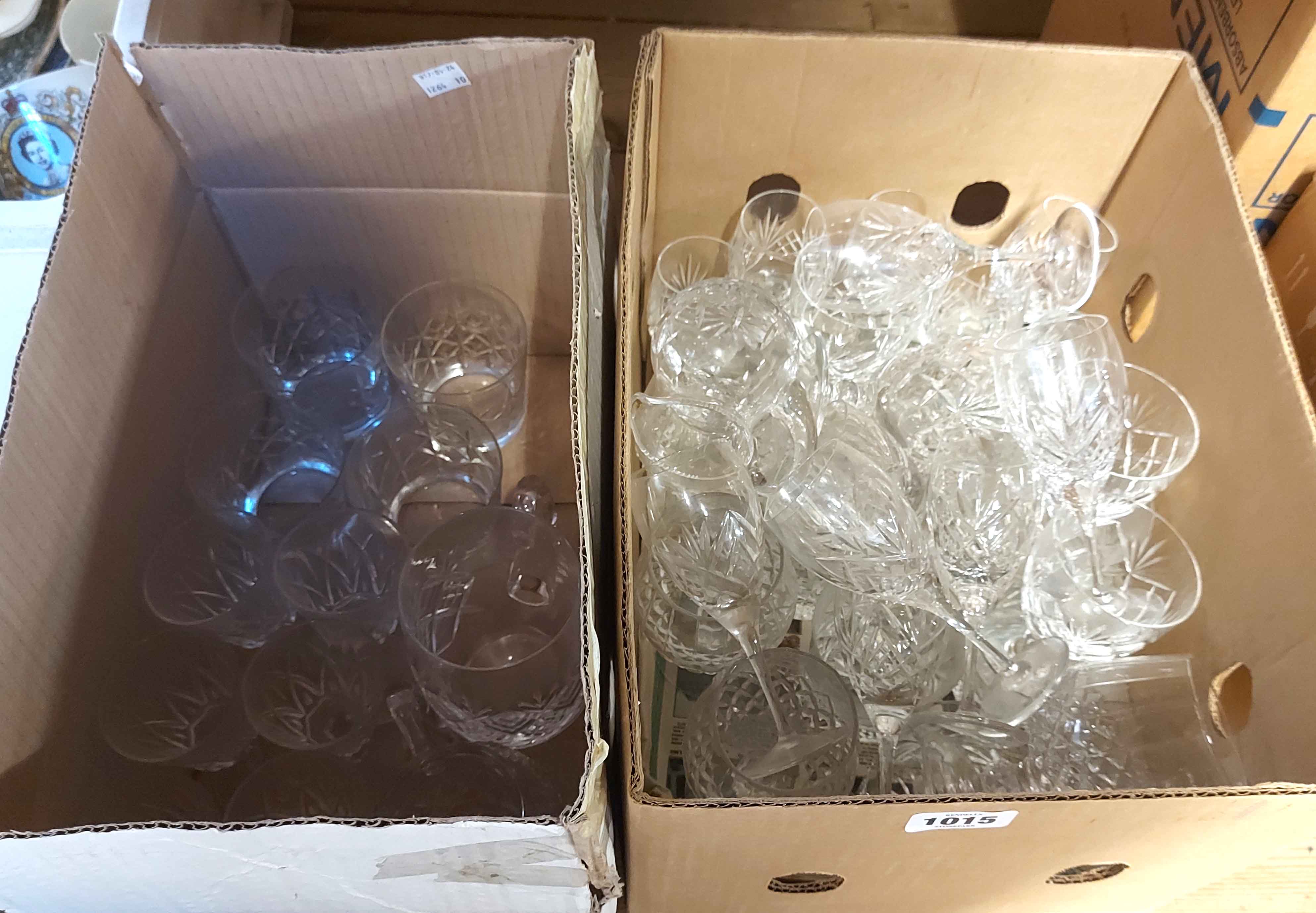 Two boxes containing a quantity of cut and other glassware including wines, tumblers, etc.