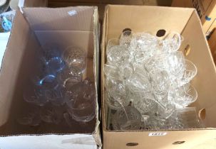 Two boxes containing a quantity of cut and other glassware including wines, tumblers, etc.