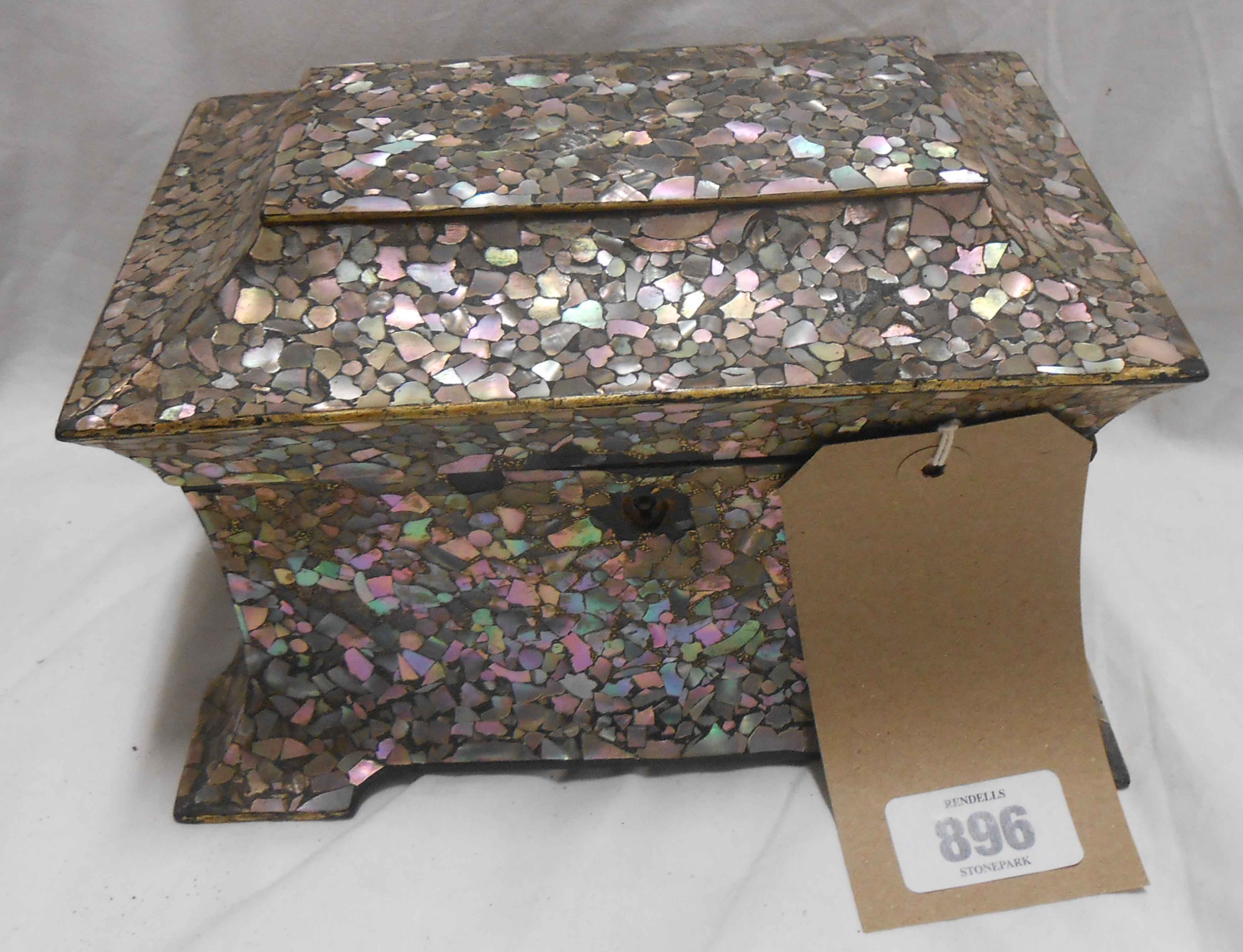 A Victorian Jennens & Bettridge papier-mâché mother-of-pearl chip decorated tea caddy - lid detached - Image 3 of 3