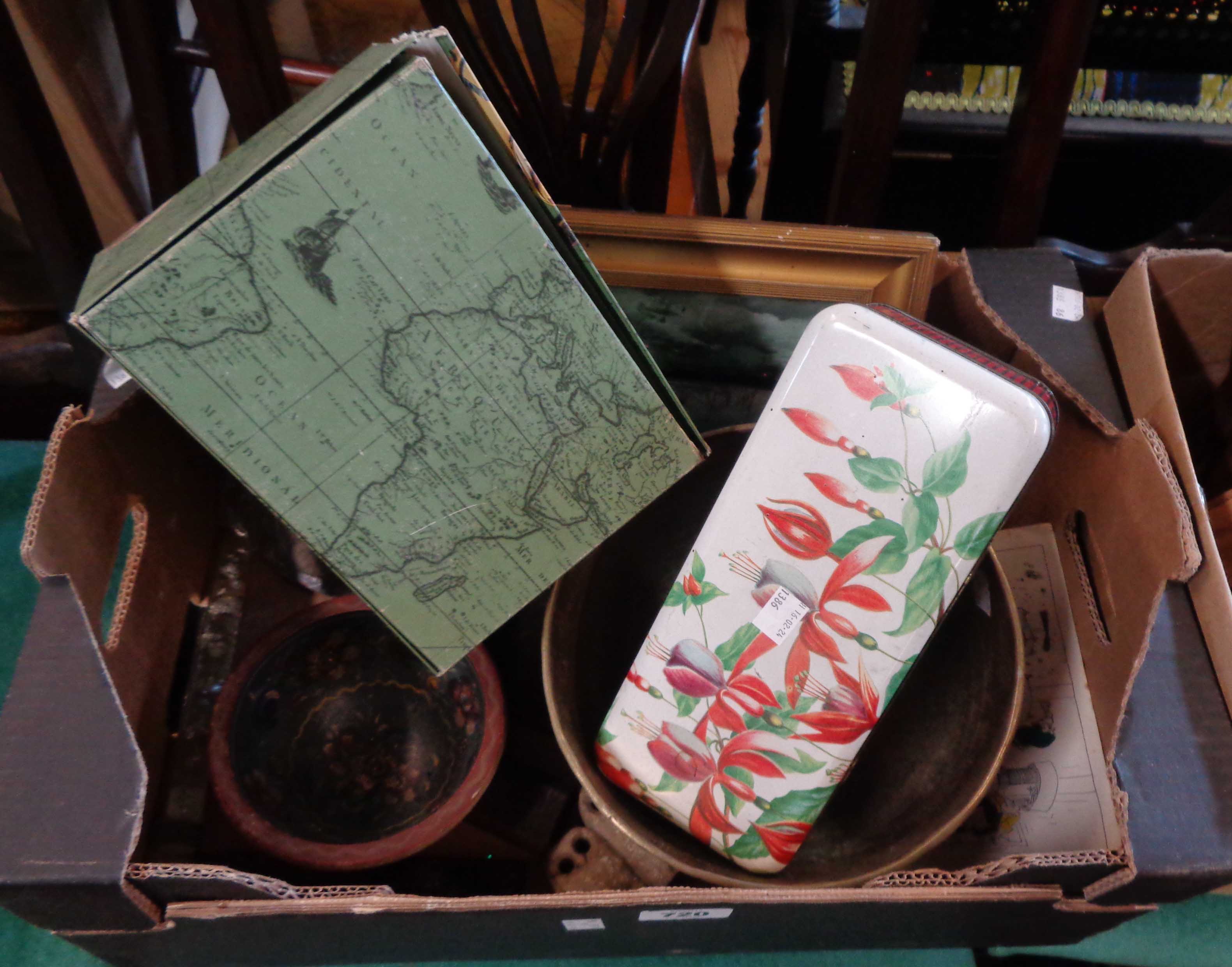 A box containing a small quantity of collectable items including hand painted wooden bowl, a vintage