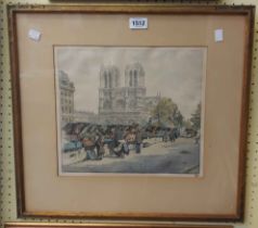 A framed vintage limited edition coloured etching, depicting Bouquinistes of Paris, with Notre