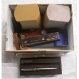 A box containing a quantity of pens and watches including Parker, etc.