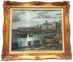 Nigel Hallard: an ornate gilt framed oil on canvas, depicting moonlight over Penzance Harbour with