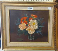 John Codnor: a gilt and hessian framed oil on canvas still life with vase of flowers (inscribed