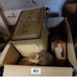 A box containing a large quantity of vintage kitchen tins and a Valor paraffin can