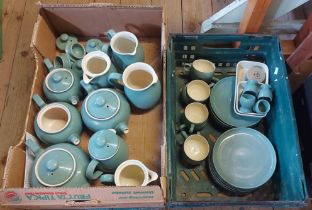 Two boxes and a crate containing a large quantity of Denby stoneware in the Medow Green colourway