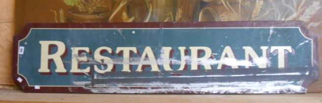 A vintage railway 'Restaurant' sign with gloss red border and shadowing to the white transfer