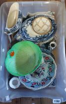 A crate containing a quantity of ceramics including green leaf salad bowl, etc.