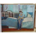 LM: a simple pine framed oil on canvas, depicting a female figure sat on a bed in an interior - sold