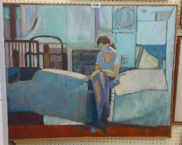 LM: a simple pine framed oil on canvas, depicting a female figure sat on a bed in an interior - sold