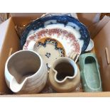 A box containing a quantity of ceramics including a large white glazed banded milk jug, etc.