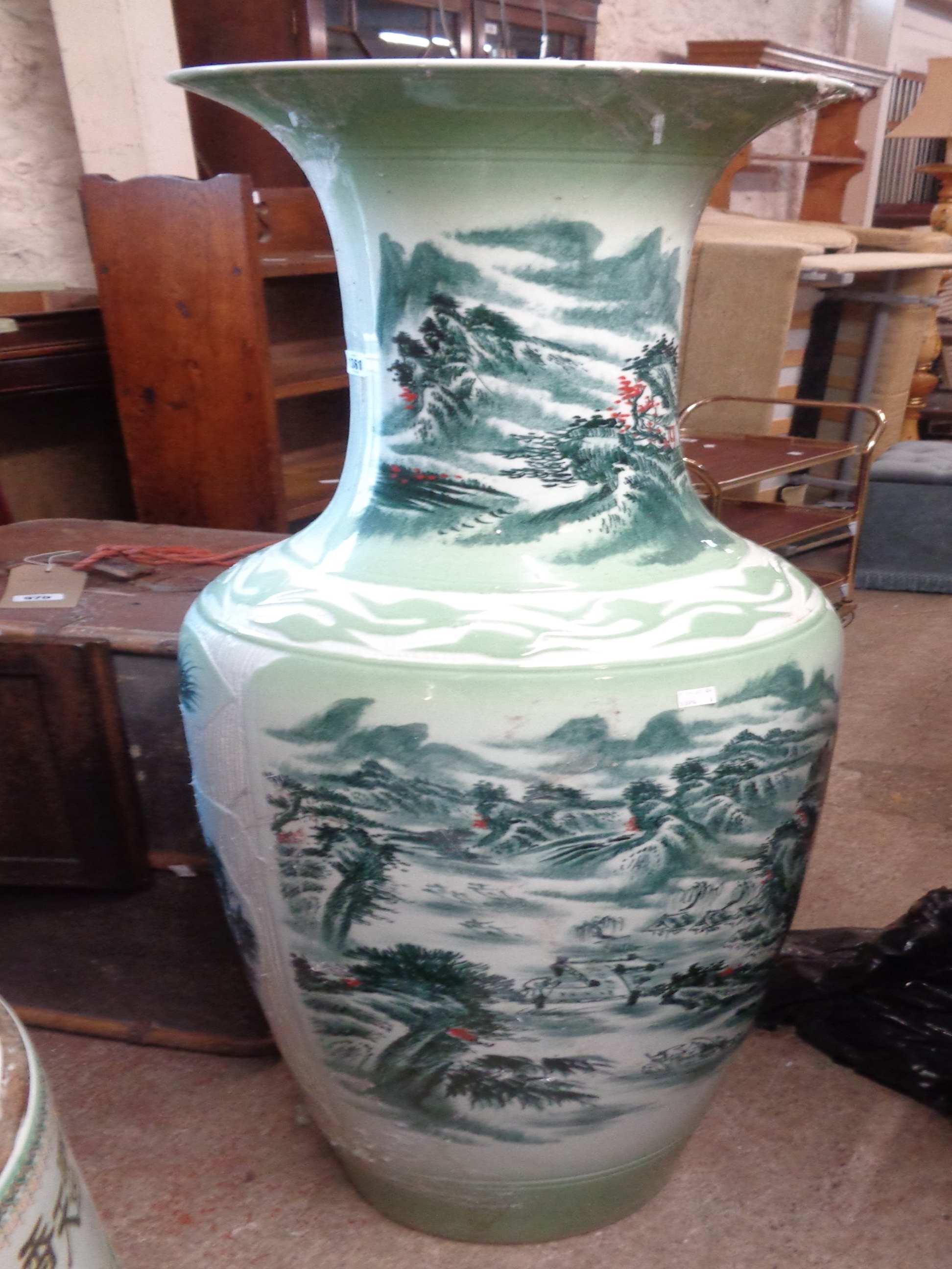 A very large 20th Century Chinese porcelain vase with hand painted landscape decoration in a