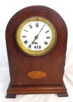An Edwardian inlaid mahogany dome-top mantel timepiece with gilt bezel and eight day movement