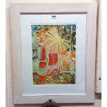Angela Reynolds: a framed mixed media abstract picture with raised trailed detail - signed - 44cm