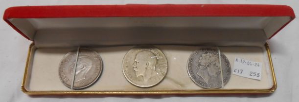 Three silver and part silver GB Crown coins comprising 1820, 1935 and 1937