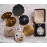 A bag containing five vintage compacts - sold with a military pocket watch
