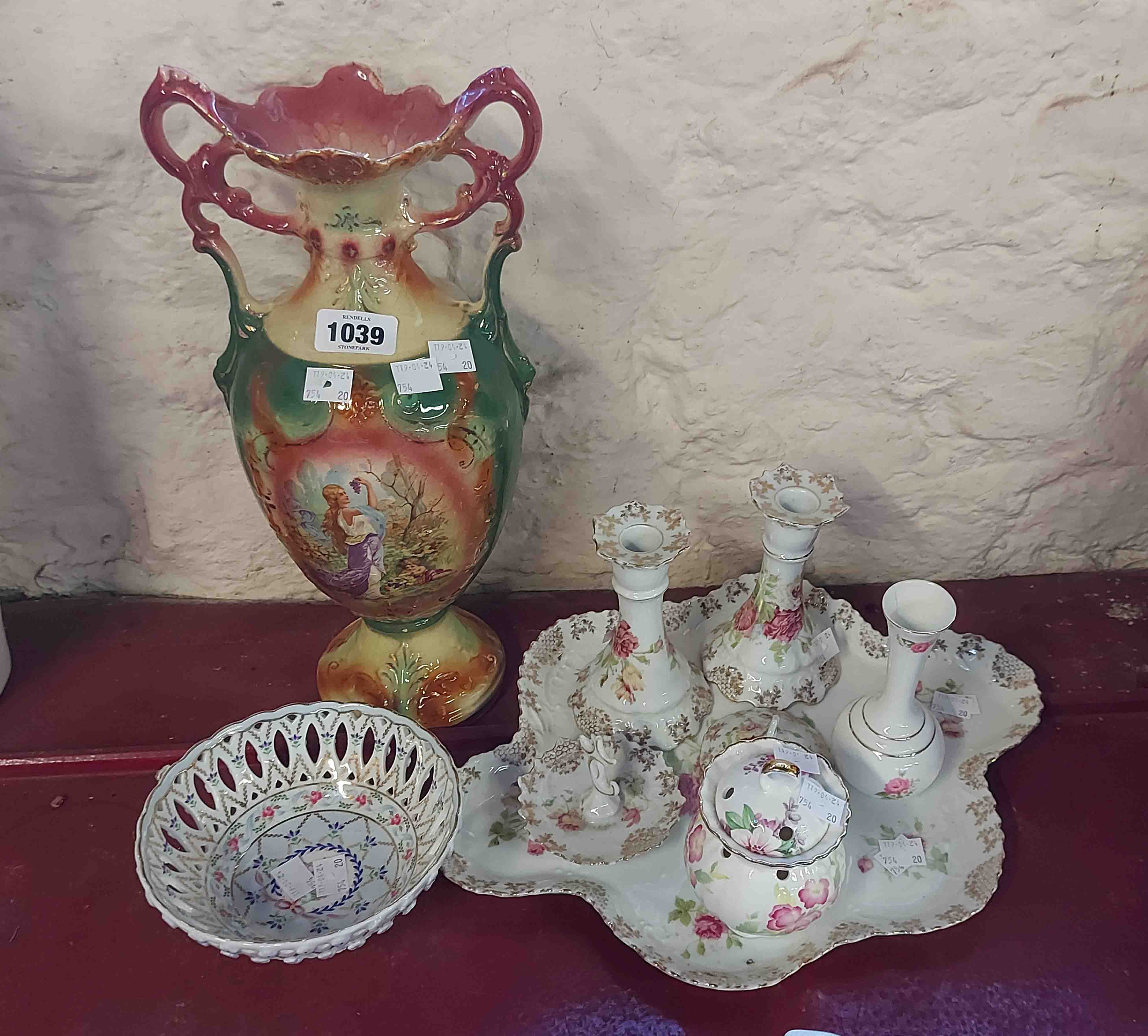 A quantity of ceramics including Continental porcelain part dressing table set, vase, etc.
