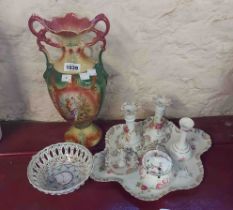 A quantity of ceramics including Continental porcelain part dressing table set, vase, etc.