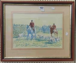 Wilf Plowman: a framed watercolour, depicting a huntsmen and hounds - signed and dated 1991 - 27cm X