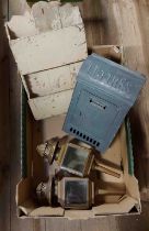 A box containing a quantity of metal and other collectable items including a pair of brass coach