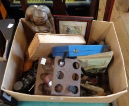 A box containing a quantity of collectable items including silver topped walking cane, pipe rack,
