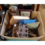 A box containing a quantity of collectable items including silver topped walking cane, pipe rack,