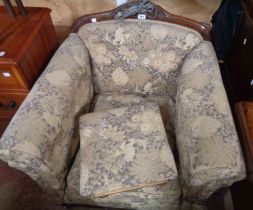A 1920's style carved oak part show frame armchair with machine tapestry upholstery - sold with a