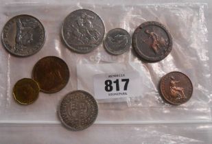 A collection of silver and copper coinage including 1822 Crown, 1887 Double Florin and Half Crown,