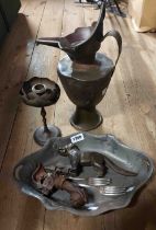 A small quantity of metalware including Oravit pewter Art Nouveau dish, antique hand form door