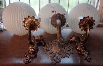 Three vintage opaque glass globe lampshades - sold a with three brass wall sconce of different make