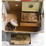 A tin containing antique and later copper coinage in envelopes and a quantity of three penny