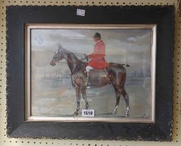EM: a framed early 20th Century watercolour study of a huntsman mounted on a bay hunter - signed and