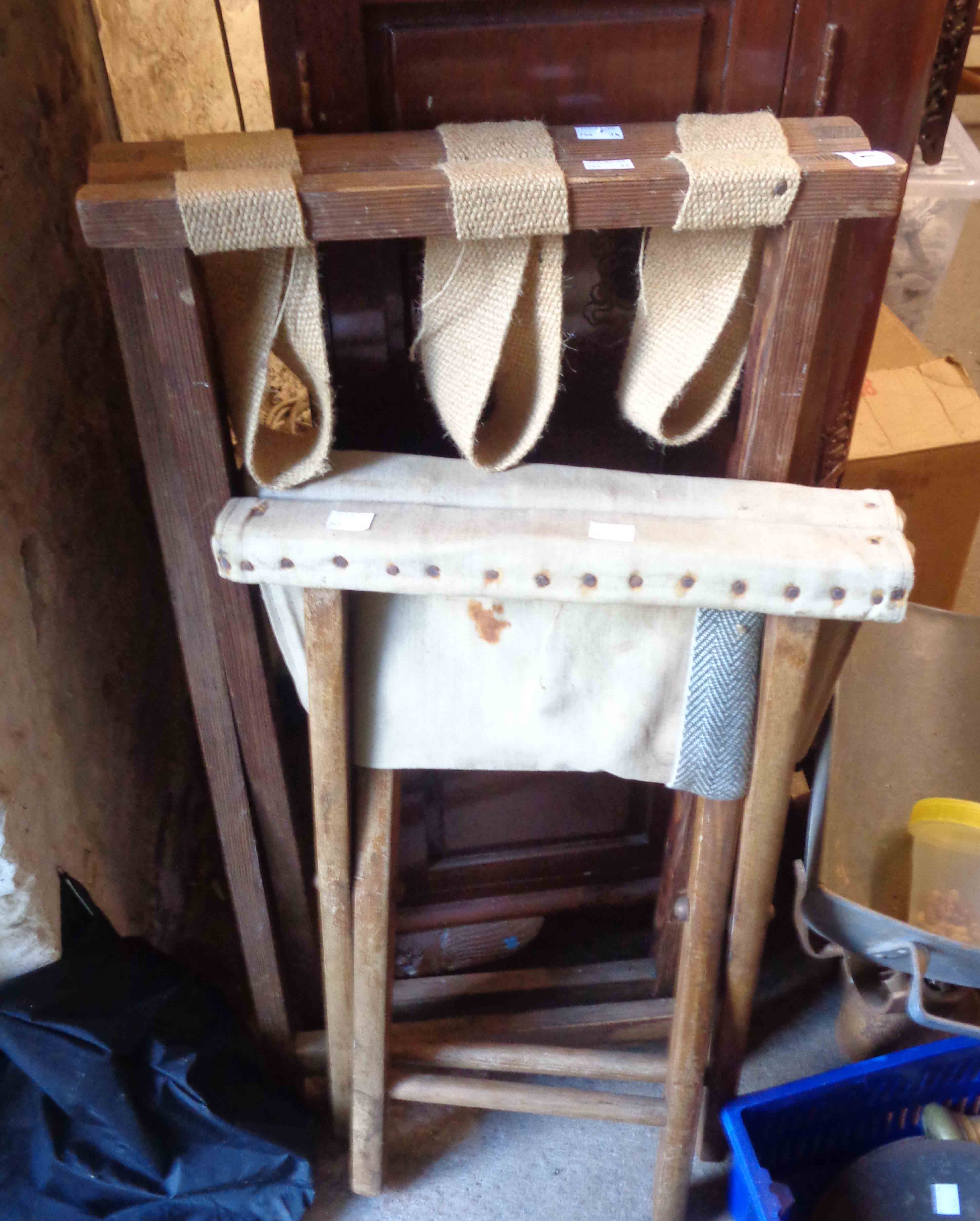 Two similar pine framed folding stools, one with slung canvas upholstery