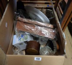 A box containing a quantity of items including two lizard skin handbags, small mantel clock, etc.