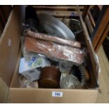 A box containing a quantity of items including two lizard skin handbags, small mantel clock, etc.