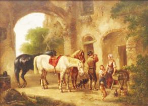 Anthony de Bree (attributed): a gilt framed late 19th Century oil on panel, depicting horses,