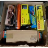 A box containing a quantity of tools including three Bosch, a Vitrex tile cutter, an angle