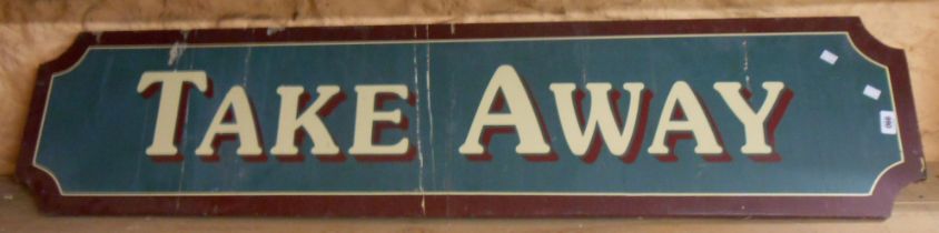 A vintage railway 'Take Away' sign with gloss red border and shadowing to the white transfer letters
