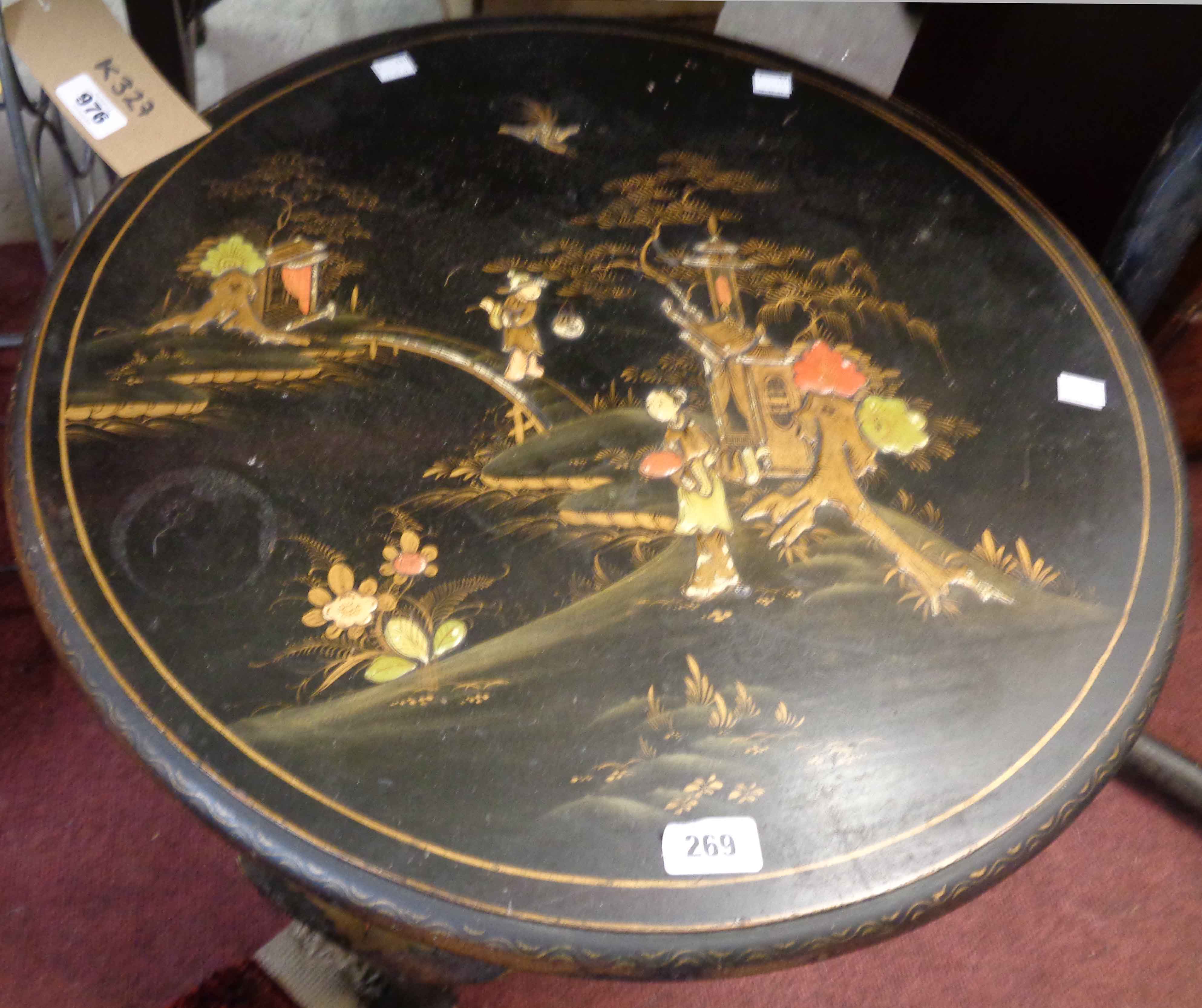 A 61cm diameter early 20th Century tea table with painted chinoiserie decoration on black ground, - Image 2 of 2