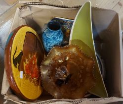 A box containing a quantity of ceramics including Carlton Ware dish, Carnival glass bowl, Art Deco