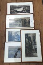 †John Shapland (C. Russell): five framed greyscale gouache paintings, all depicting named views -