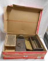 A box containing a quantity of collectable items and metalware including three old cigar boxes,
