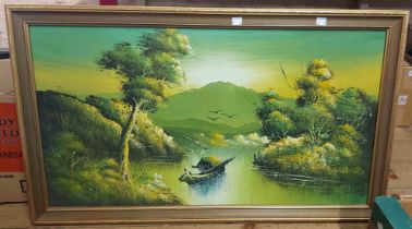 A gilt framed vintage oil on canvas board, depicting an Oriental boat on river - sold with a