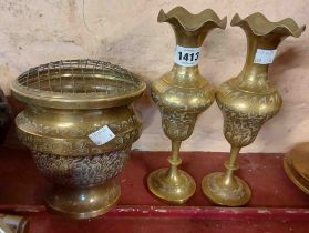 A pair of etched decorated brass vases and a similar rose bowl